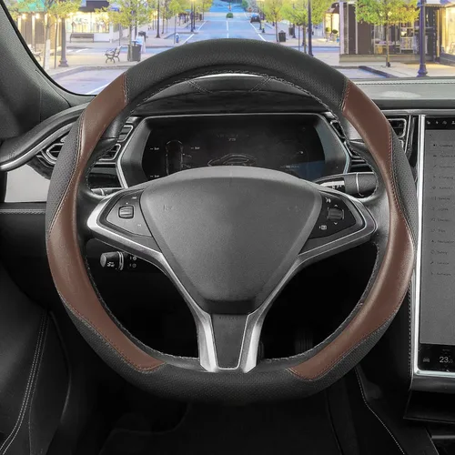 Miniatura 10 de SEG Direct - Cubierta para volante de base plana en forma de D, de 14-14 1/4 pulgadas para Tesla Model 3 / Y, para Camaro, cuero de microfibra negro