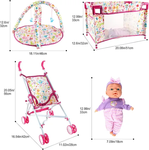 Miniatura 7 de deAO Cochecito de bebé para niños, juego de rol con una variedad de juguetes de alimentación y tapete de juego, cuna de viaje, cochecito y bolsa