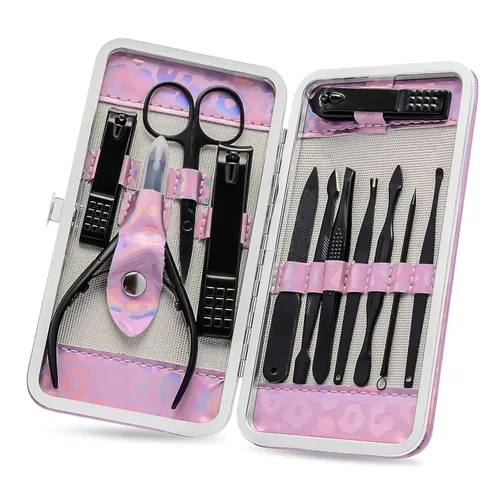 Miniatura 7 de ANRUI Juego de manicura para cortaúñas y pedicura, kit de 12 piezas de uñas de acero inoxidable, colorido kit profesional de cuidado de uñas, limas