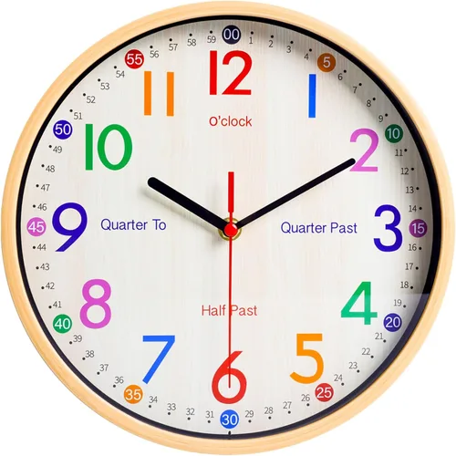 JoFomp Reloj de aprendizaje para niños | Reloj de pared para enseñanza de 10 pulgadas, reloj de pared decorativo de cuarzo silencioso sin tictac