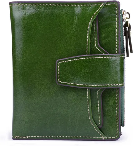Miniatura 9 de Cartera de cuero con bloqueo RFID para mujer, pequeña, compacta, doble cremallera, con ventana para identificación