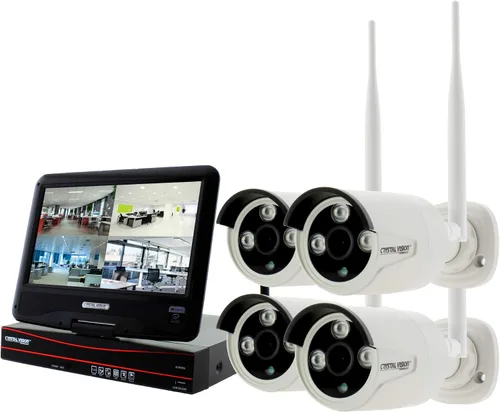 Crystal Vision CVT9604E-3010W Sistema de vigilancia inalámbrico todo en uno HD NVR CCTV con 2TB HDD, monitor y enrutador integrados, cámara Auto Pair