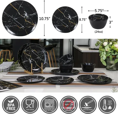 Miniatura 2 de Juego de vajilla de melamina – 12 piezas de platos y cuencos, ideal para fiestas en interiores y exteriores, sin BPA, apto para lavavajillas