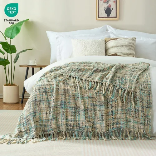 Miniatura 2 de Manta de punto trenzado multicolor azul y gris para sofá, 50 x 60 pulgadas, estilo bohemio, manta texturizada para decoración del hogar, manta