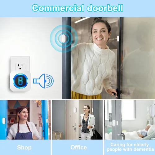 Miniatura 6 de SURFOU Timbre inalámbrico con sensor de puerta, alerta de apertura de puerta impermeable con rango de 1000 pies, 55 tonos de llamada, alarma de 110