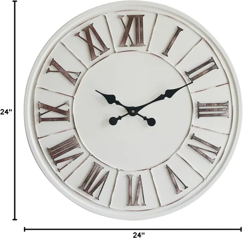 Miniatura 9 de Reloj de pared grande de estilo granja - 24 pulgadas, blanco rústico, número romano envejecido, cara de metal, funciona con pilas, reloj decorativo