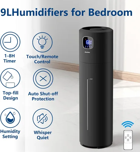 Miniatura 2 de Akeshan Humidificadores Grandes para Dormitorio, 9L/2.5Gal Ultrasónico de Niebla Fría, Relleno Superior Fácil de Limpiar con Velocidad de Niebla