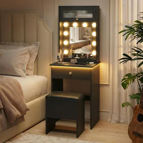 Miniatura 16 de ARTETHYS Juego de escritorio pequeño con 3 espejos iluminados ajustables y silla de almacenamiento, mini tocadores de maquillaje para espacio Blanco