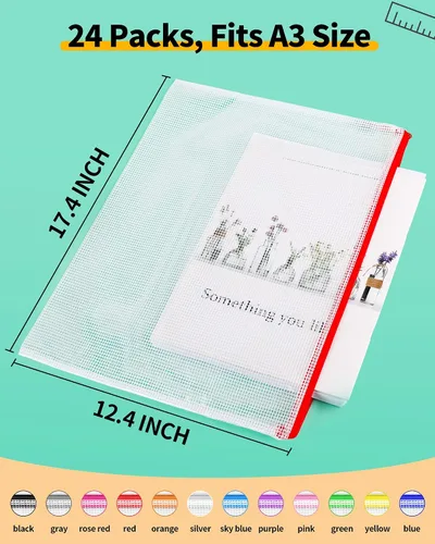 Miniatura 2 de Smarpau Bolsa grande con cremallera de malla A3, paquete de 24 bolsas de 12 colores con cremallera de 17.4 x 12.4 pulgadas para organizar, bolsas