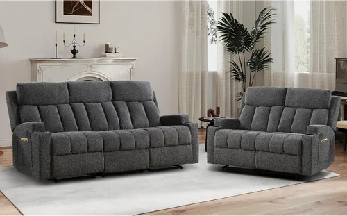 Miniatura 26 de CANMOV Juego de sofá modular reclinable manual, juegos de muebles de tela en forma de L, sofá esquinero modular reclinable y silla reclinable