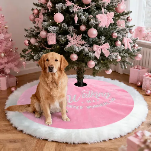 Miniatura 3 de yuboo - Falda de árbol de Navidad rosa de 48 pulgadas, gran alfombra de árbol de Navidad de piel sintética esponjosa con copos de nieve blancos