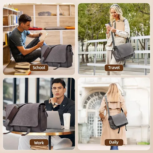Miniatura 6 de Bolsa de mensajero para hombre, bolsa para laptop, unisex, bolsa de lona retro, 14-15.6 pulgadas, casual, bolsa de hombro individual para trabajo
