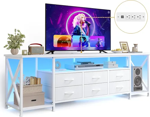 BTHFST Soporte de TV con luces LED y tomas de corriente, para televisores de hasta 80 pulgadas, 6 cajones de tela, centro de entretenimiento con