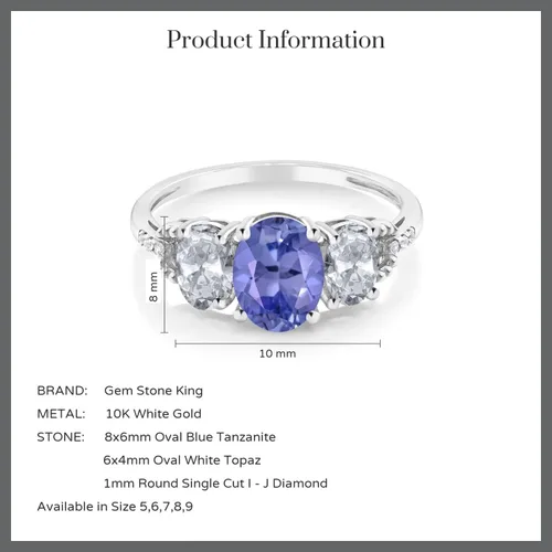 Miniatura 51 de Anillo de compromiso ovalado de oro blanco de 10 quilates con piedra natal y topacio blanco de 3 piedras con detalles de diamante Centro de 0.315