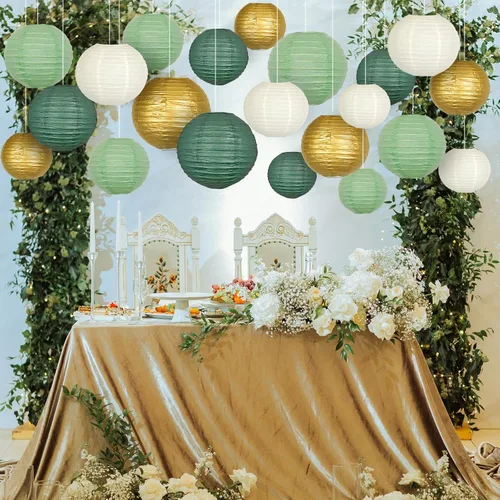 Miniatura 5 de Faroles de papel verde salvia dorados, faroles de papel colgantes redondos para graduación, boda, despedida de soltera, fiesta de cumpleaños