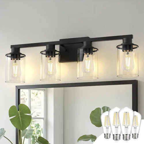 Miniatura 67 de DORESshop Lámparas de baño, 3 luces negras y doradas para baño sobre espejo con pantalla de vidrio transparente, luces de tocador para baño, Negro