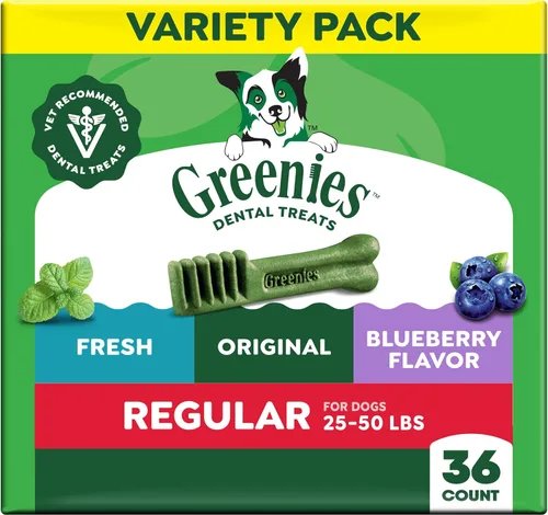 Greenies Golosinas dentales naturales para perros adultos recomendadas por veterinarios, tamaño regular, sabor fresco, sabor original y sabor a