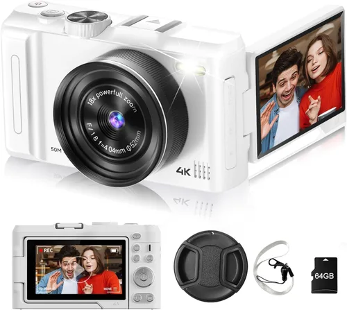 Cámara digital 4K para fotografía, cámara de vlogging de 50 MP para video de YouTube con flash y pantalla abatible de 180 ° de 3 pulgadas, cámaras