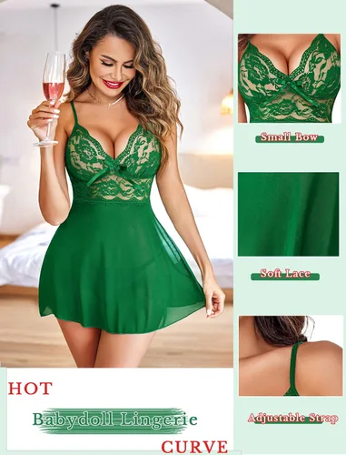 Miniatura 2 de Avidlove - Lencería de encaje para mujer, baby doll con tirantes tipo halter y cuello en V, ropa de dormir
