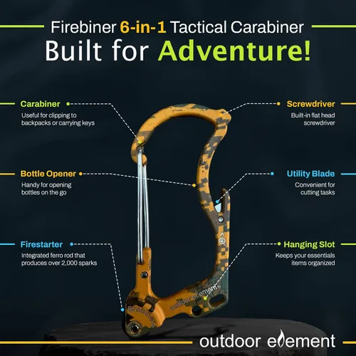 Miniatura 3 de OUTDOOR ELEMENT Firebiner 6-en-1 - Mosquetón Iniciador de Fuego EDC Multiherramienta de Emergencia - Llavero, Cuchilla Utilitaria, Abrebotellas y Más
