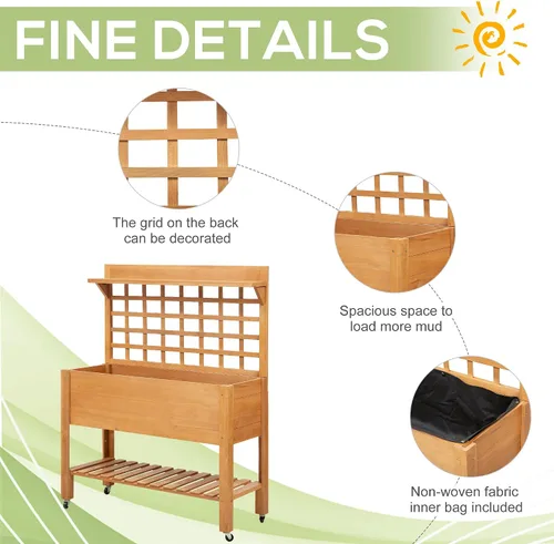 Miniatura 6 de Outsunny Cama de jardín elevada de 41 pulgadas con enrejado sobre ruedas, maceta elevada de madera con patas y forro de cama, para flores, hierbas