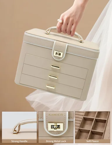 Miniatura 2 de KAMIER Caja organizadora de joyas, organizador de joyas de 4 capas con espejo, 3 cajones, caja de joyería grande para pulseras, aretes, anillos