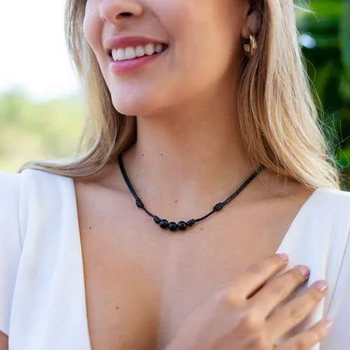 Miniatura 4 de Collar de perlas de turmalina anudadas con cordón de nailon de cera ajustable, gargantilla de cristal unisex de buena suerte con cuentas