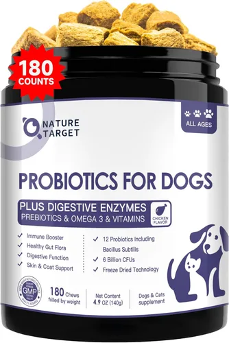NATURE TARGET Probióticos para perros, 6 mil millones de UFC, probióticos liofilizados para perros con prebióticos y enzimas para diarrea, gases,