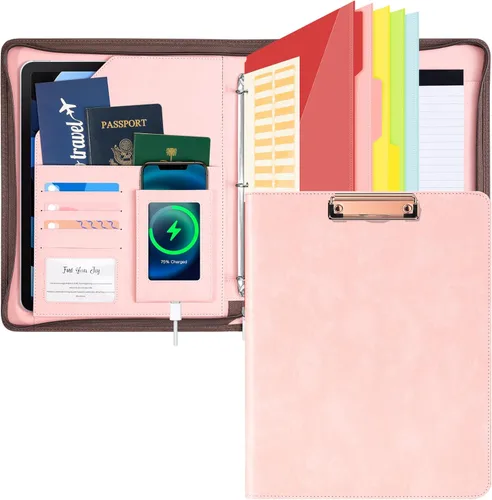 Miniatura 9 de Ospelelf Portapapeles de Cuero con Almacenamiento, Organizador de Portafolio con Cremallera, Carpeta de 3 Anillos de 1 Pulgada, Bloc de Notas, Funda