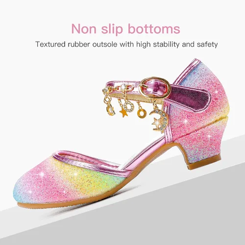 Miniatura 5 de Furdeour Sandalias para niñas con lazo brillante, zapatos de vestir de princesa con tacones altos de cristal, para fiestas, bodas, flores, zapatos