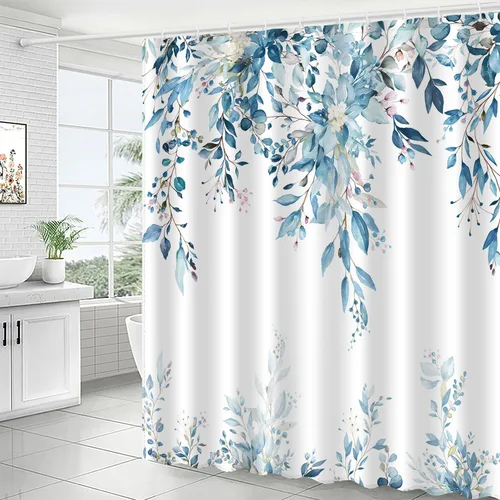Miniatura 2 de JWXCBIM Cortina de ducha azul con hojas de eucalipto, cortina de baño decorativa con arte estético de acuarela de plantas y flores, juego de cortina