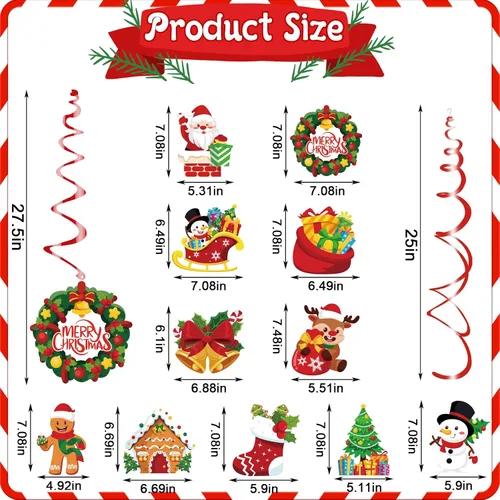 Miniatura 7 de KIMOBER 30 decoraciones de remolinos colgantes de Navidad, de doble cara, decoraciones de techo colgantes para suministros de fiesta de Navidad