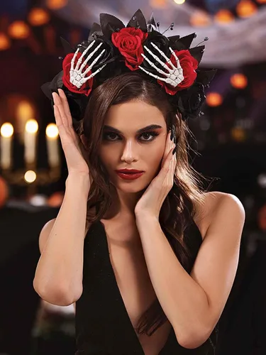 Miniatura 7 de Woeoe Diadema de Halloween FLower para el Día de los Muertos, diseño floral, araña, murciélago, fiesta, tocado para mujeres y niñas