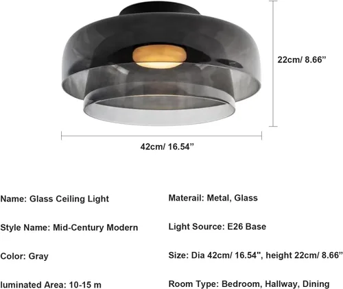 Miniatura 5 de Jowjut Luces de Techo de Montaje al Ras 1-Luz Cristal Gris Luces de Montaje al Ras 2-Capas Pantalla Mediados del Siglo Isla de Cocina Lámparas