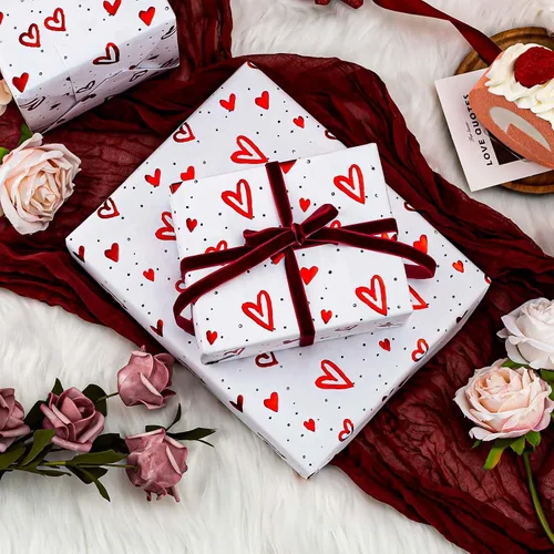 Miniatura 7 de Homeral Rollo de papel de regalo de estraza en relieve, papel de regalo de lujo en 3D con corazón de papel de aluminio rojo para el día de San