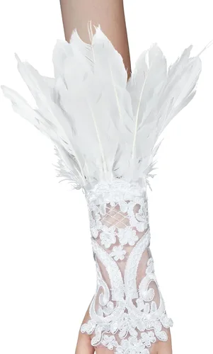 Miniatura 4 de Komorebi Guantes largos de encaje con plumas de Halloween para mujer, guantes de encaje para disfraz de bruja, guantes de codo de malla