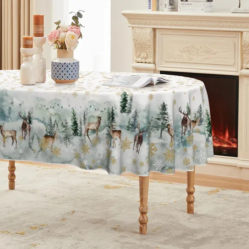 Miniatura 8 de Horaldaily Mantel de Navidad redondo de 60 x 60 pulgadas, ciervos nevados dorados, cubierta de mesa lavable para decoración de fiestas, pícnic, cenas