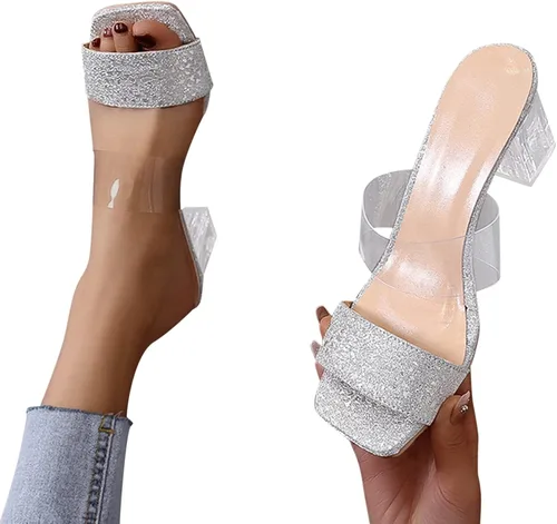 Miniatura 5 de Women Sandals Ladies Shoes Summer Slip On Transparent Glitter Crystal Chunky Heel Sandals Zapatos de gimnasio mujeres