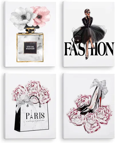 CoziTech Lienzo de moda para mujer, enmarcado, obra de arte moderna para decoración de pared de dormitorio de niñas, flores rosadas, perfume, bolsa