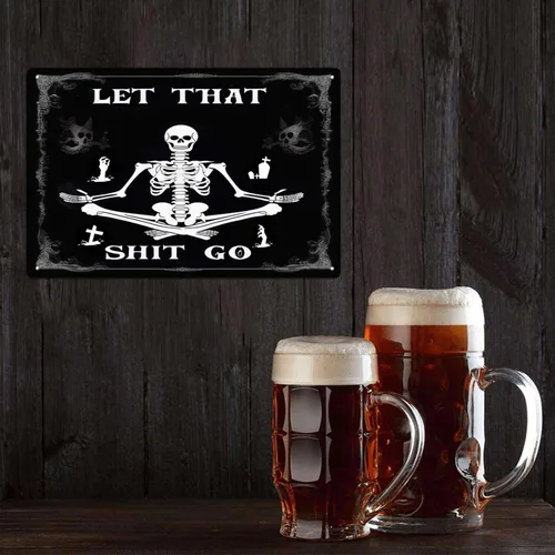 Miniatura 6 de xitangyouyu Divertido letrero gótico negro con diseño de calavera con texto en inglés "Let That Shit Go", letreros metálicos para decoración de baño