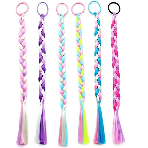 Miniatura 10 de 6 extensiones de cabello de trenzas de colores para niñas con bandas de goma, extensiones trenzadas de arco iris, lazos para el cabello, peluca