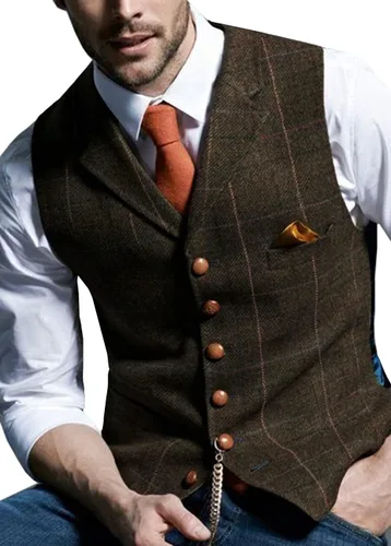 Miniatura 6 de Chalecos formales de tweed para hombre, chaleco a cuadros para boda, vintage, de lana, espiga retro