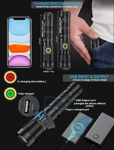 Miniatura 3 de Karrong Linternas recargables de alto lúmenes (batería incluida), linterna magnética pequeña y súper brillante, 6 modos, zoomable, impermeable