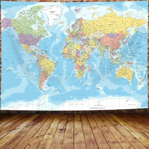 Miniatura 12 de ICTEISOM Tapiz de mapa del mundo para niños estudiantes, mapa del mundo con países y ciudades principales, tapiz de arte de pared póster tapices