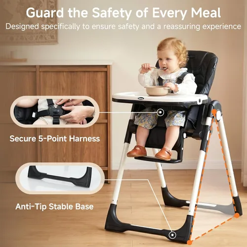Miniatura 8 de INFANS Silla alta para bebés y niños pequeños, silla alta plegable con respaldo ajustable múltiple, reposapiés y altura del asiento, bandeja Negro