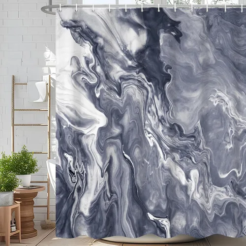 Miniatura 62 de Cortina de ducha abstracta de mármol negro gris y dorado con grietas, cortina de baño moderna ombre impresa, cortina impermeable y lavable de tela