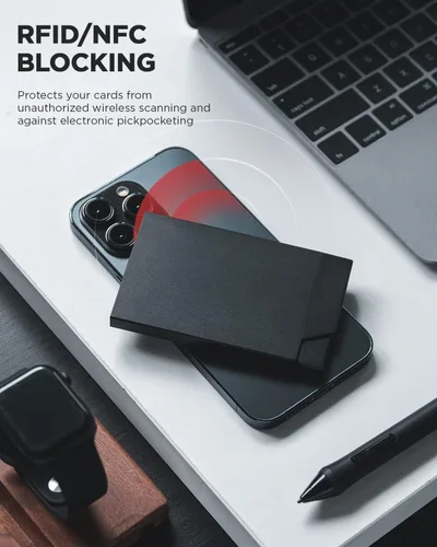Miniatura 4 de VULKIT Tarjetero desplegable de metal delgado para tarjetas de visita RFID bloqueo bolsillo frontal cartera, Negro -, Minimalista