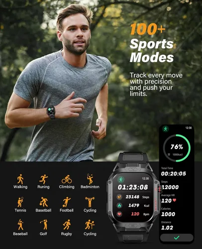 Miniatura 5 de SOUYIE Reloj inteligente militar para hombre para responder/hacer llamadas, reloj inteligente deportivo al aire libre de 2.02 pulgadas con linterna