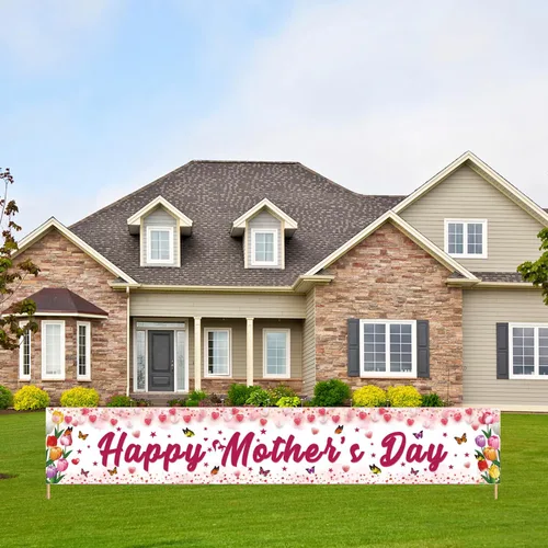 Miniatura 5 de Decoraciones para el día de la madre, pancarta de feliz día de la madre, tamaño grande, diseño floral rosa con mariposas, decoración para el día