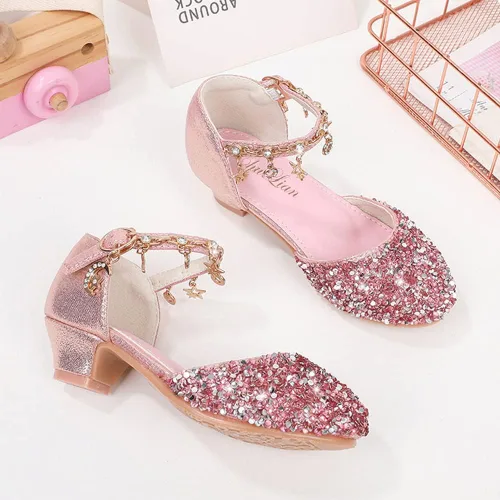 Miniatura 3 de ChuLian Zapatos de vestir para niñas pequeñas con lentejuelas con purpurina y tacones bajos de princesa Mary Jane Party Dance Shoes Sandalias